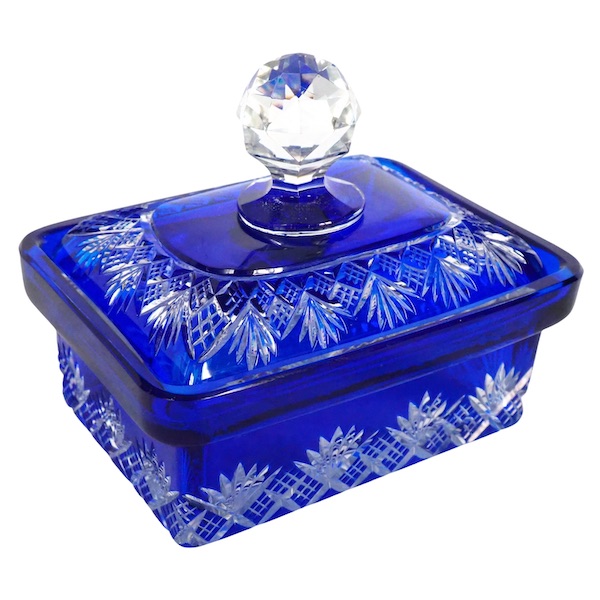 Antique French Baccarat crystal soap box, Douai pattern, blue cobalt overlay crystal