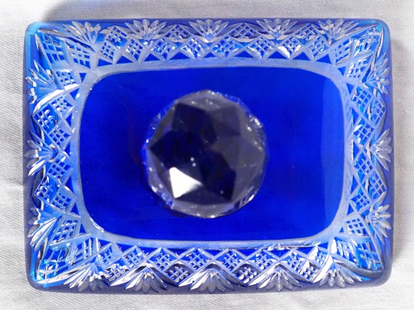 Antique French Baccarat crystal soap box, Douai pattern, blue cobalt overlay crystal