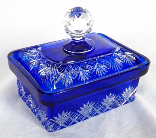 Antique French Baccarat crystal soap box, Douai pattern, blue cobalt overlay crystal