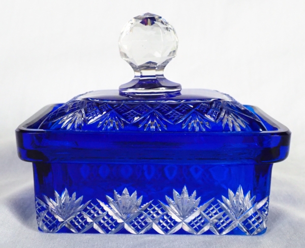 Antique French Baccarat crystal soap box, Douai pattern, blue cobalt overlay crystal