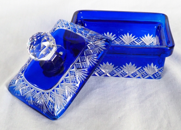 Antique French Baccarat crystal soap box, Douai pattern, blue cobalt overlay crystal