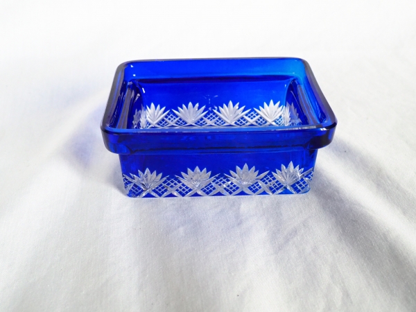 Antique French Baccarat crystal soap box, Douai pattern, blue cobalt overlay crystal