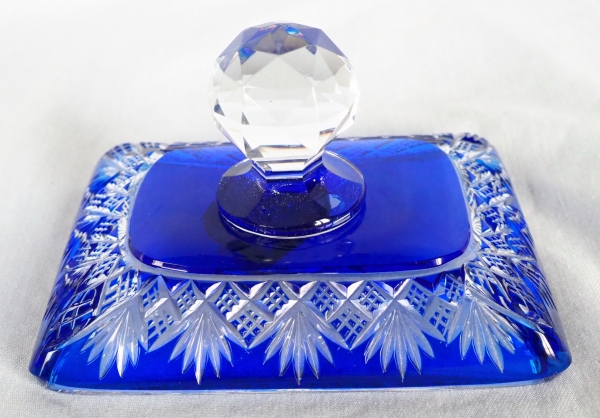 Antique French Baccarat crystal soap box, Douai pattern, blue cobalt overlay crystal