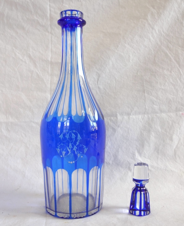 Baccarat crystal bottle, blue overlay crystal - RV monogramme