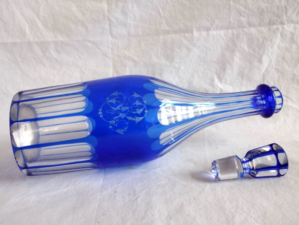 Baccarat crystal bottle, blue overlay crystal - RV monogramme