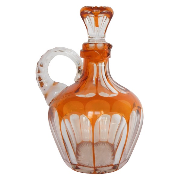 St Louis crystal whisky decanter - rare orange overlay bottle with paper sticker