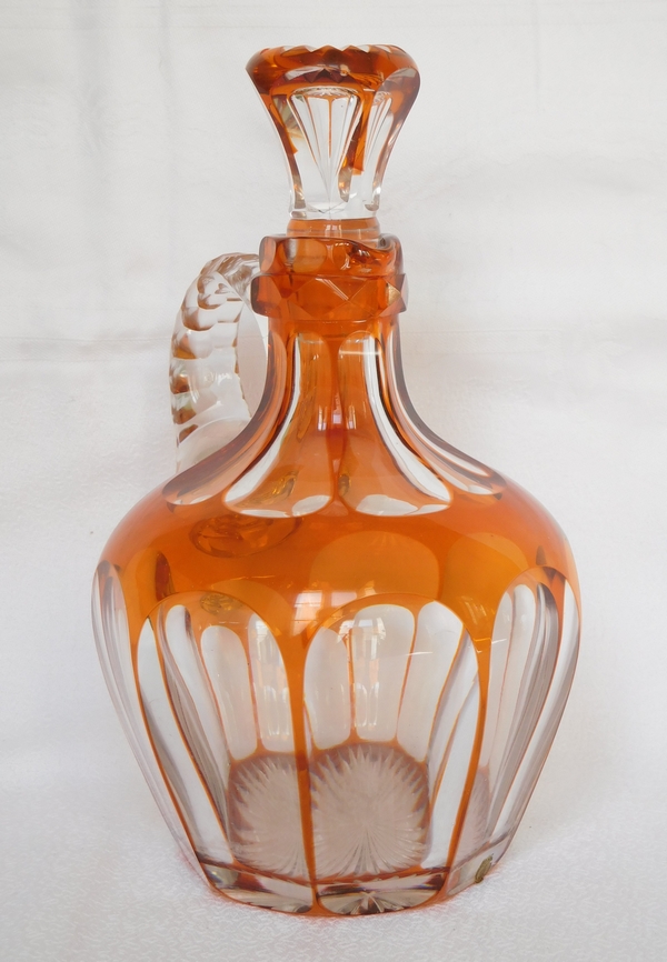 St Louis crystal whisky decanter - rare orange overlay bottle with paper sticker