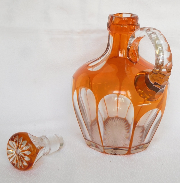 St Louis crystal whisky decanter - rare orange overlay bottle with paper sticker