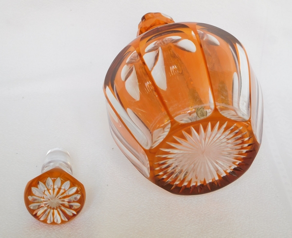 St Louis crystal whisky decanter - rare orange overlay bottle with paper sticker