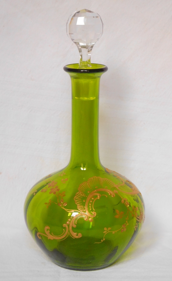 Tall Baccarat crystal wine decanter, Louis XV pattern, green crystal enhanced with fine gold