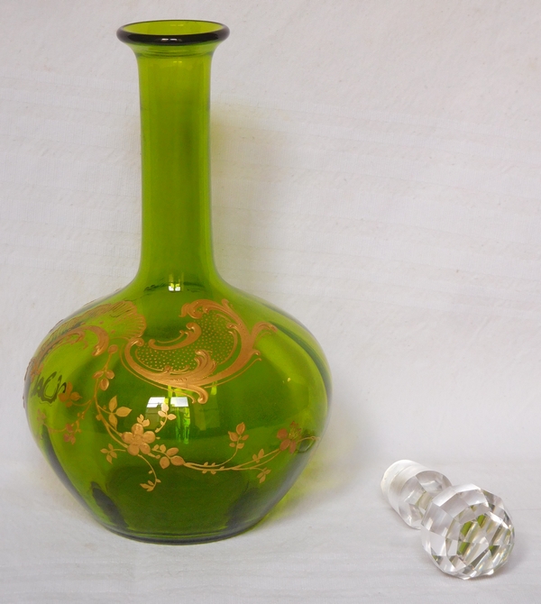 Tall Baccarat crystal wine decanter, Louis XV pattern, green crystal enhanced with fine gold