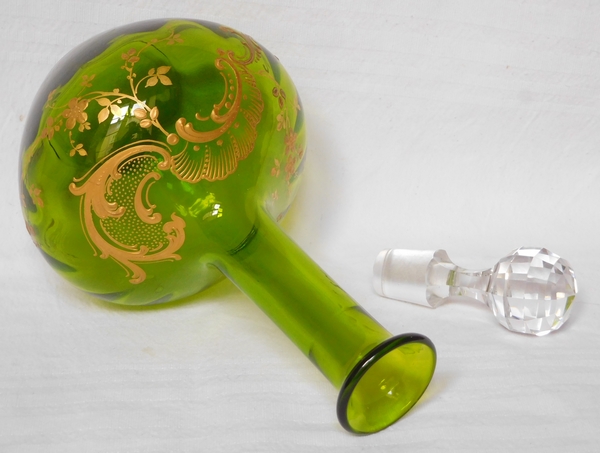 Tall Baccarat crystal wine decanter, Louis XV pattern, green crystal enhanced with fine gold