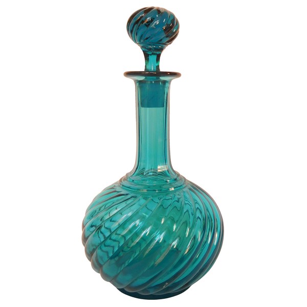 Baccarat crystal bottle / decanter, Bambou pattern, rare turquoise version - circa 1880