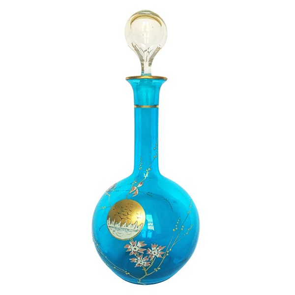 Carafe à vin en cristal de Baccarat japonisante, cristal bleu turquoise émaillé & doré vers 1890