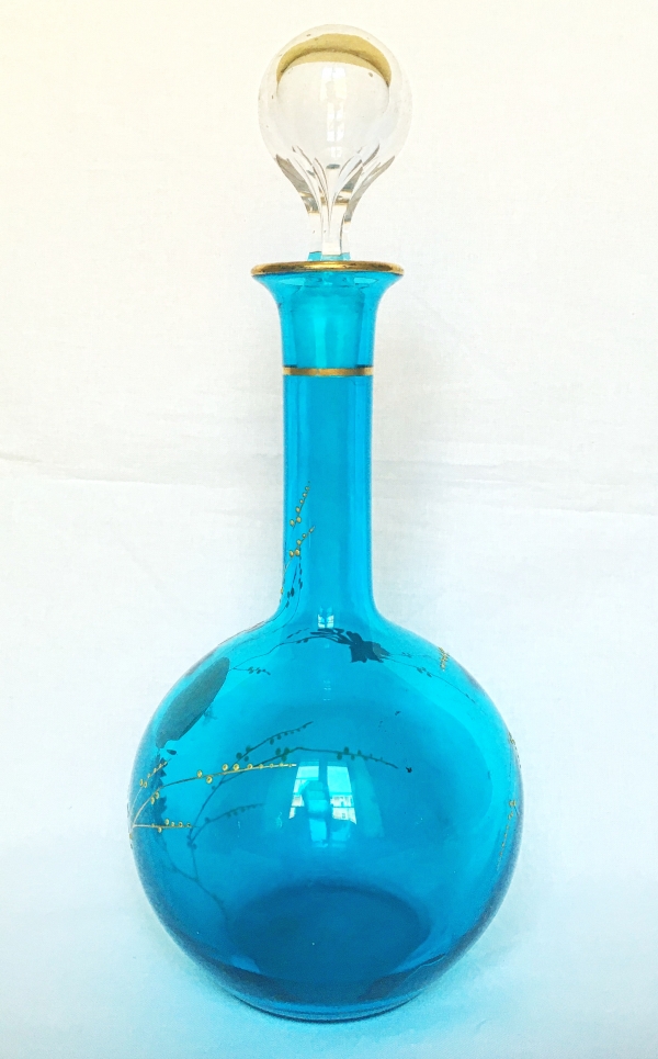 Baccarat crystal turquoise blue wine decanter enhanced with fine gold, 19th century