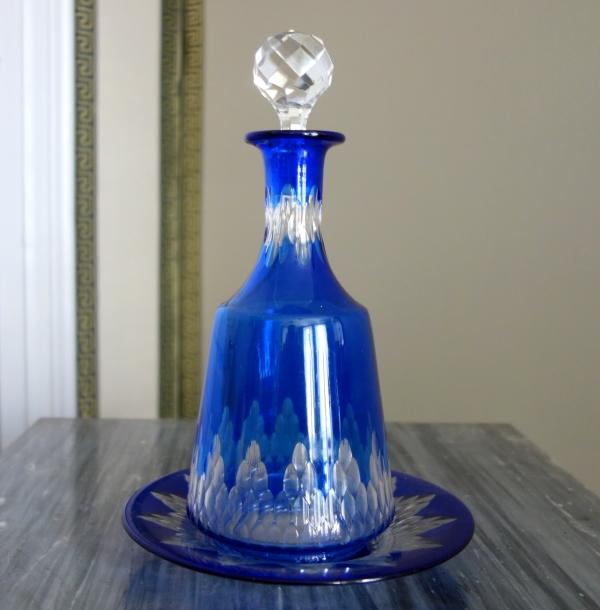 Baccarat crystal bottle and its saucer - cobalt blue overlay, Champigny pattern