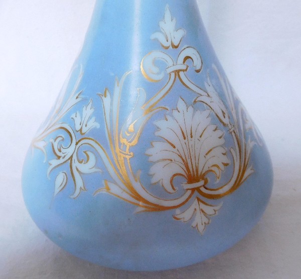 Baccarat crystal wine decanter, opaline enanced with blue sky and gilt decoration