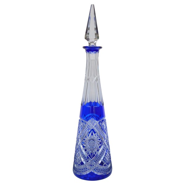 Tall Baccarat blue overlay crystal wine decanter