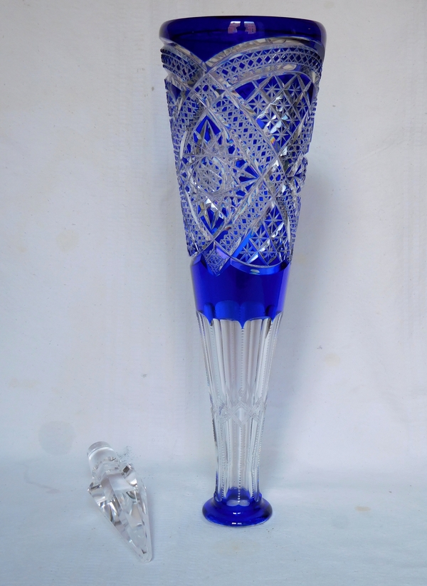 Tall Baccarat blue overlay crystal wine decanter