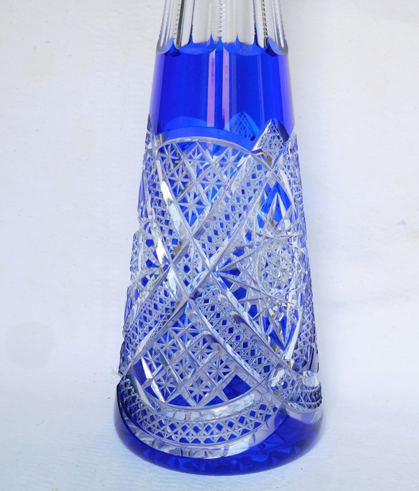 Tall Baccarat blue overlay crystal wine decanter