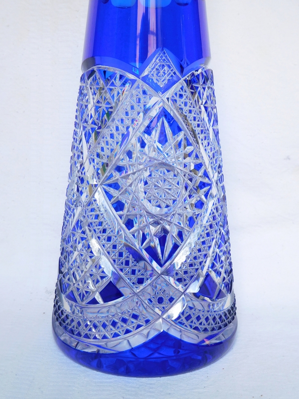 Tall Baccarat blue overlay crystal wine decanter