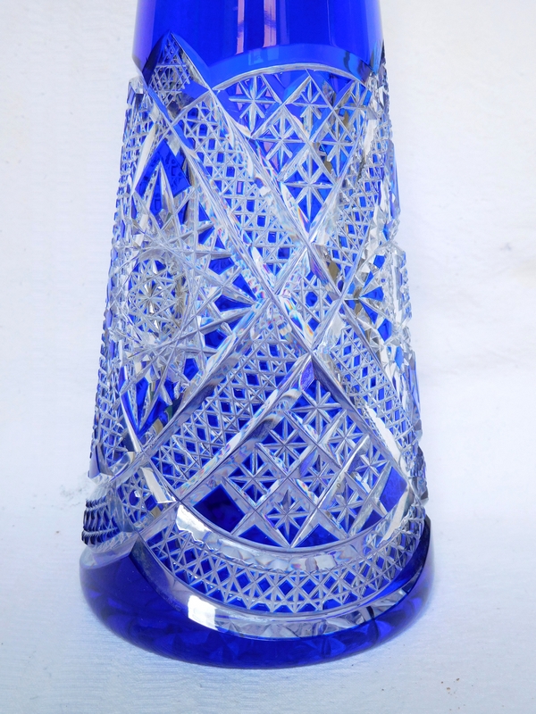 Tall Baccarat blue overlay crystal wine decanter