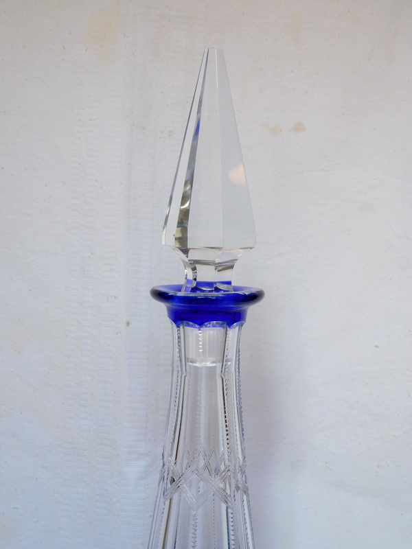 Tall Baccarat blue overlay crystal wine decanter