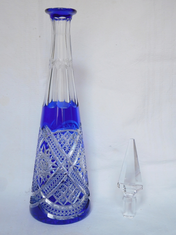 Tall Baccarat blue overlay crystal wine decanter