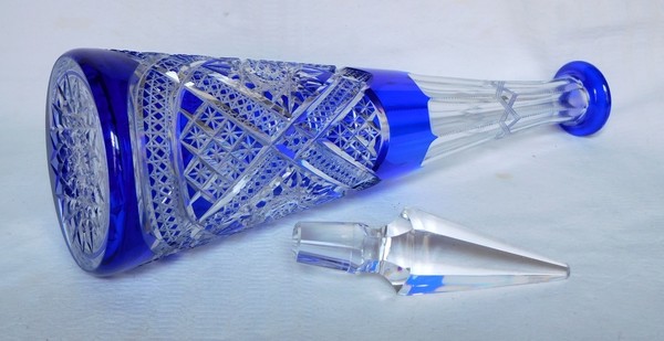 Tall Baccarat blue overlay crystal wine decanter