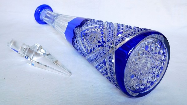 Tall Baccarat blue overlay crystal wine decanter