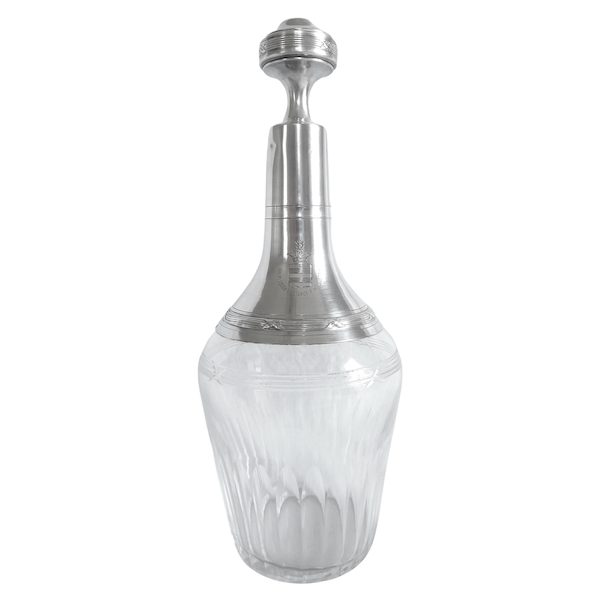 Baccarat crystal and sterling silver liquor bottle, Marquis de Pleumartin coat of arms engraved