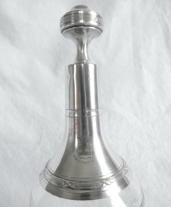 Baccarat crystal and sterling silver liquor bottle, Marquis de Pleumartin coat of arms engraved