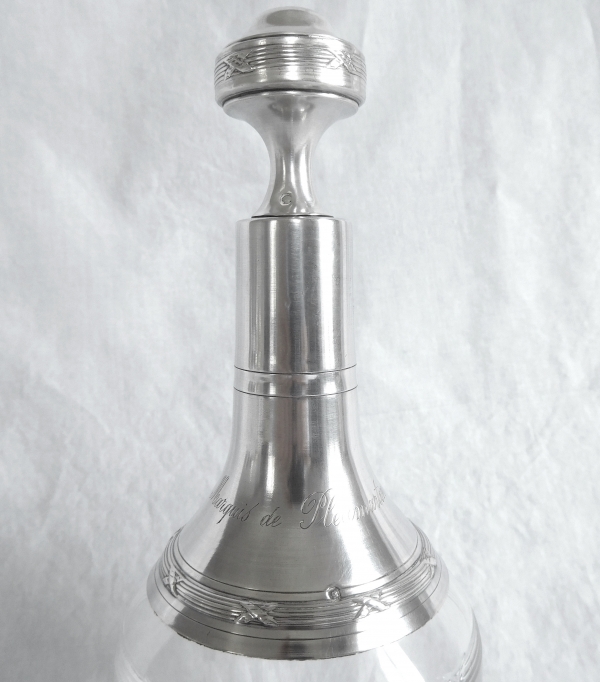 Baccarat crystal and sterling silver liquor bottle, Marquis de Pleumartin coat of arms engraved