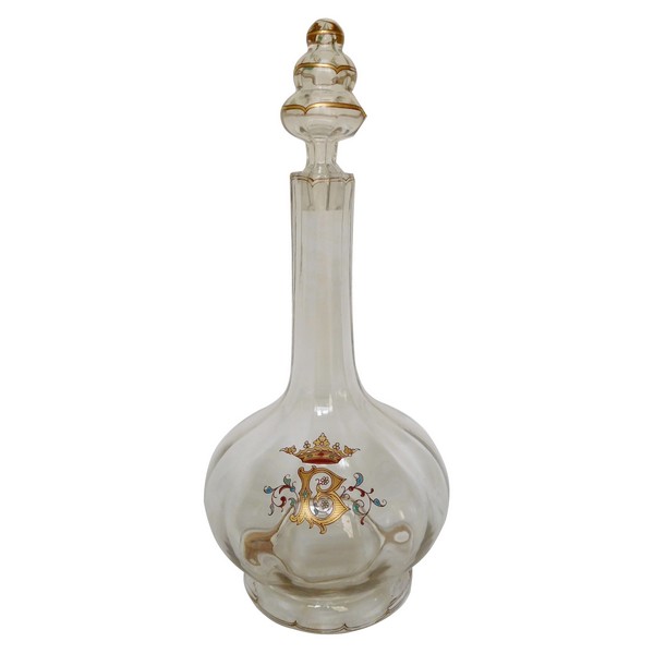 Carafe à vin en verre émaillé par Emile Gallé, couronne de marquis, monogramme B