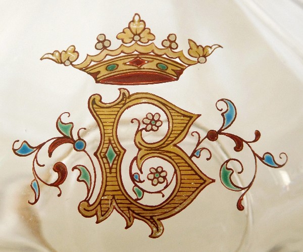 Carafe à vin en verre émaillé par Emile Gallé, couronne de marquis, monogramme B