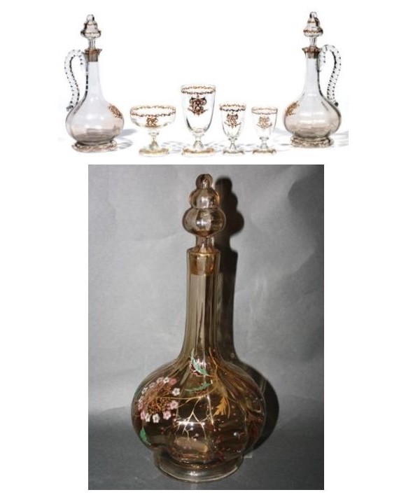 Carafe à vin en verre émaillé par Emile Gallé, couronne de marquis, monogramme B