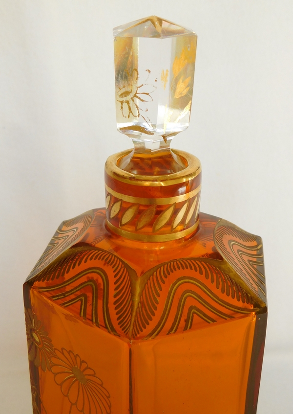 Baccarat crystal liquor decanter, rare orange crystal enhanced with fine gold - original sticker