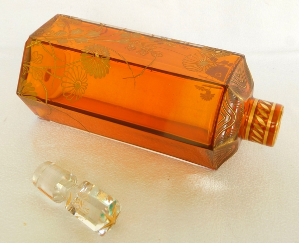 Baccarat crystal liquor decanter, rare orange crystal enhanced with fine gold - original sticker