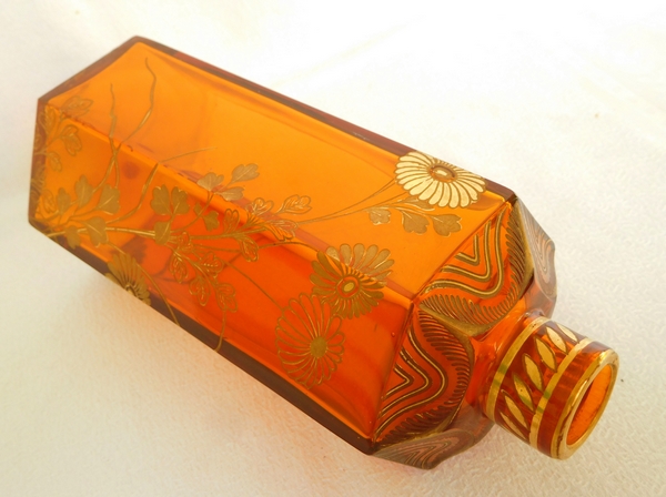 Baccarat crystal liquor decanter, rare orange crystal enhanced with fine gold - original sticker