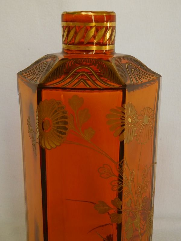 Baccarat crystal liquor decanter, rare orange crystal enhanced with fine gold - original sticker