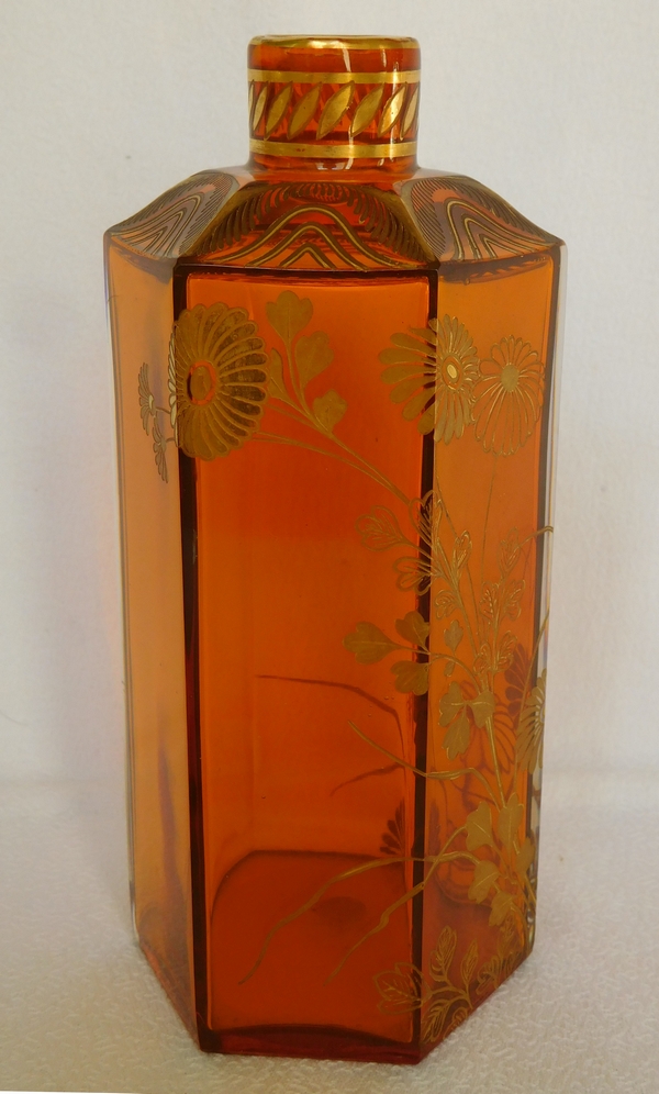 Baccarat crystal liquor decanter, rare orange crystal enhanced with fine gold - original sticker