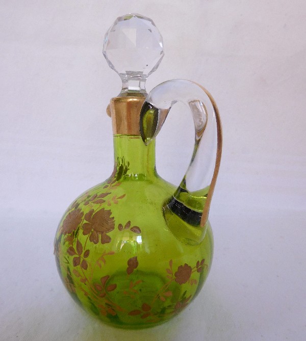 Baccarat crystal liquor decanter, green gilt with fine gold