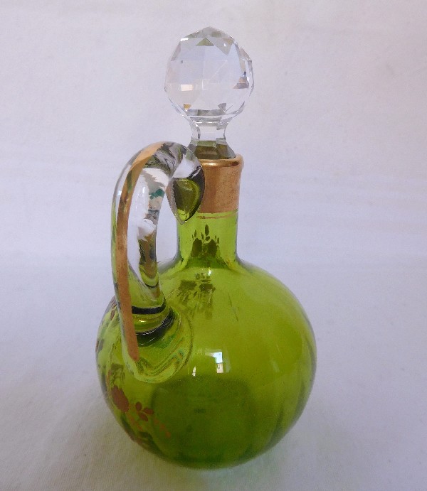 Baccarat crystal liquor decanter, green gilt with fine gold