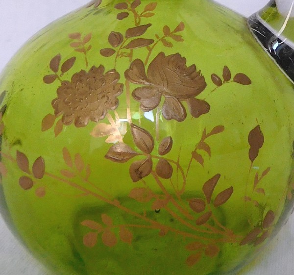 Baccarat crystal liquor decanter, green gilt with fine gold
