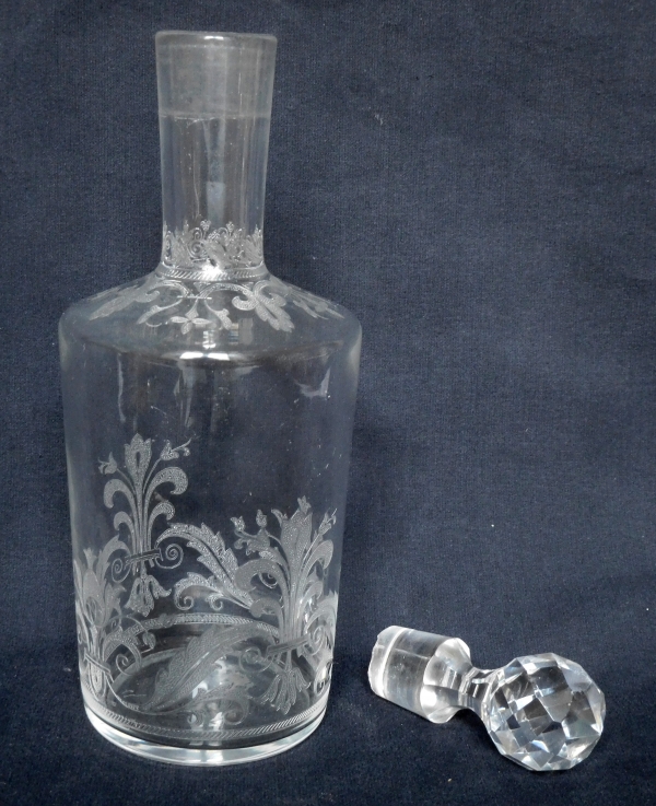 Baccarat crystal liquor decanter, engraved fleur-de-lis pattern #6759