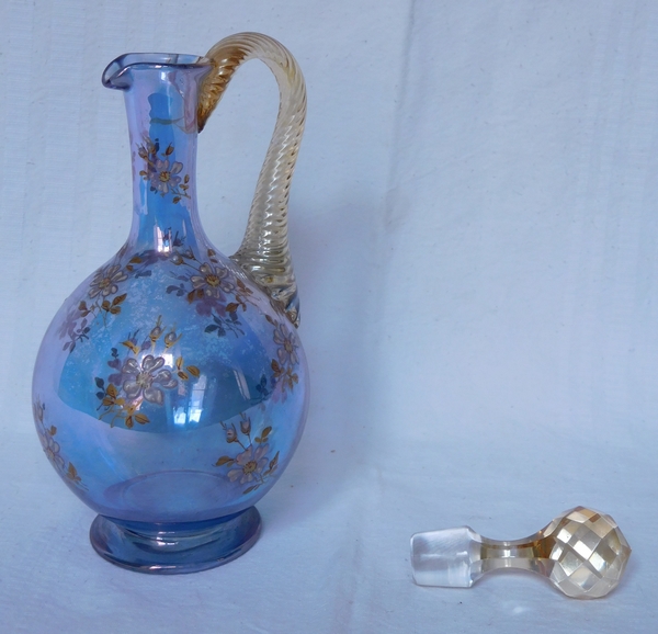 Carafe à liqueur en cristal de Baccarat, cristal irisé bleu doré à l'or fin