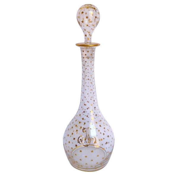 Carafe à liqueur en cristal de Baccarat doré à l'or fin, motif étoilé, monogramme JA