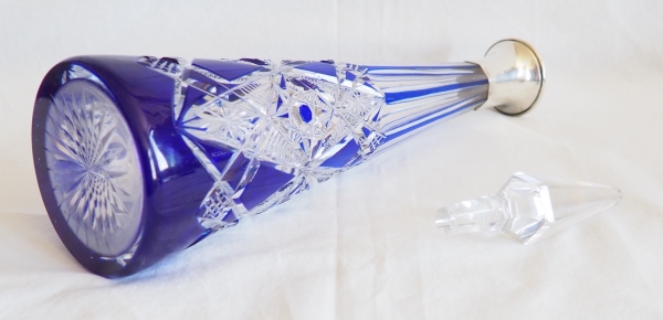 Baccarat blue overlay crystal and sterling silver liquor decanter - Lagny pattern