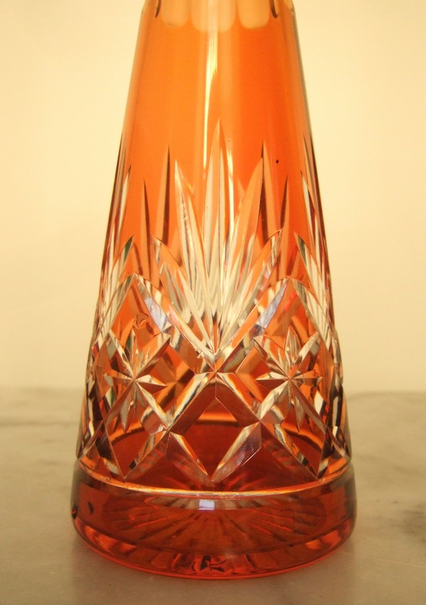 St Louis crystal liquor decanter, orange overlay, Masset patternLiquor