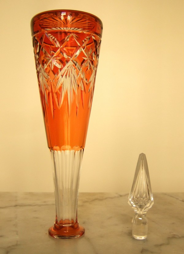 St Louis crystal liquor decanter, orange overlay, Masset patternLiquor